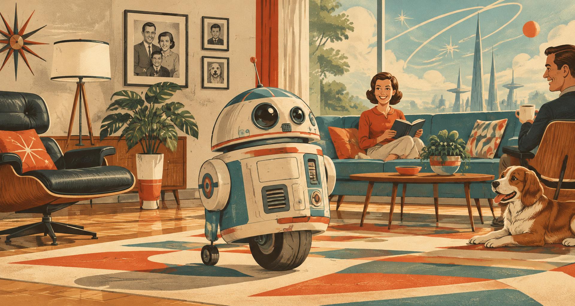 Concept illustration of a small companion droid at home in a mid-century living room, representing a planned research direction, not an existing robot
